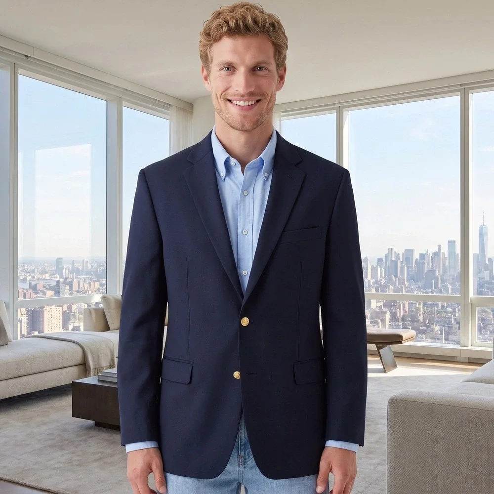 Lauren Ralph Lauren Wool Blend Blazer Mens 44L Navy Blue Preppy Gold Button