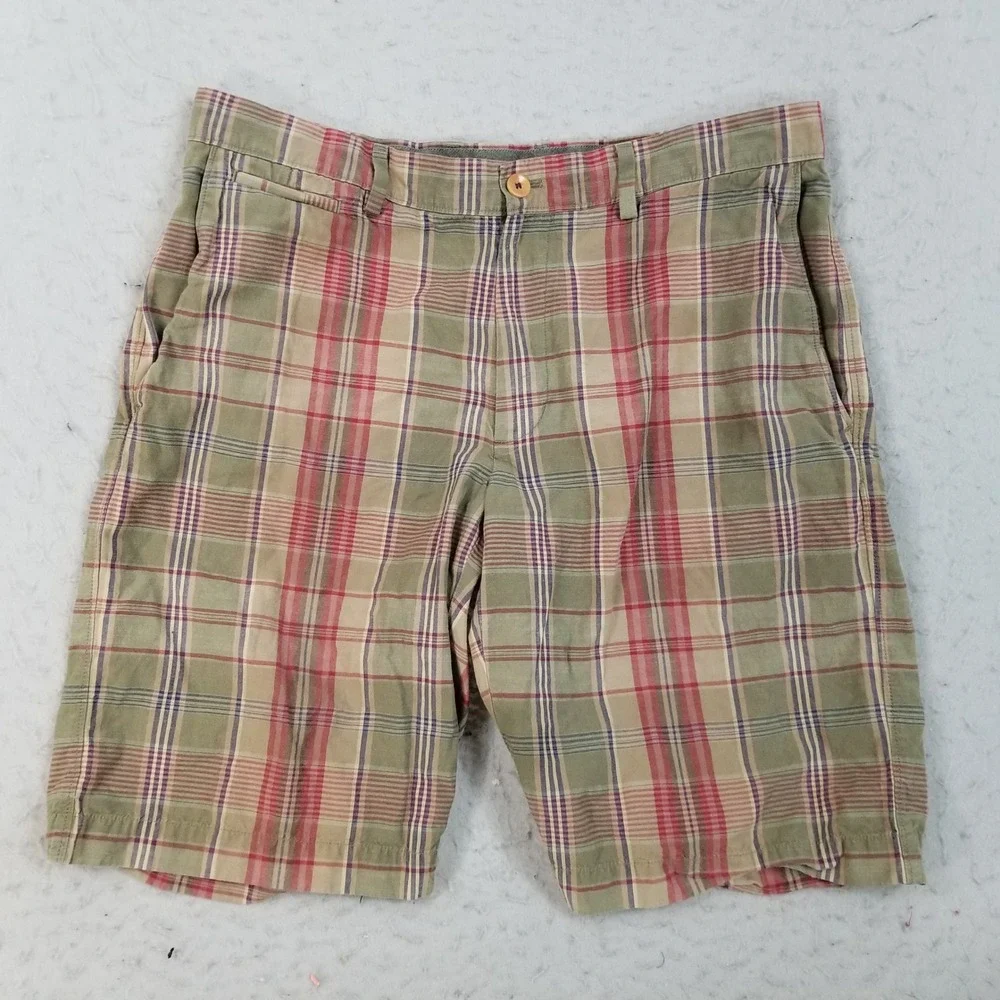 Banana Republic Shorts Mens 36 Brown Red Plaid Cotton Flat Front Casual Chino