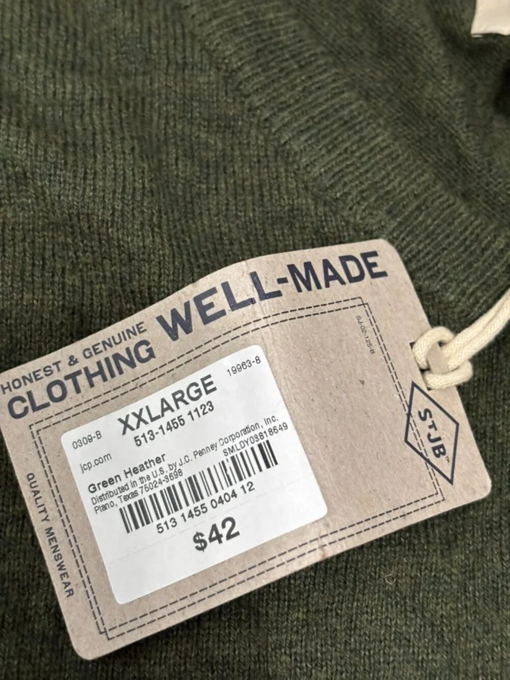 St John's Bay Mens V-Neck Sweater Sz 2XL XXL Green Heather Pullover Knit NWT $42