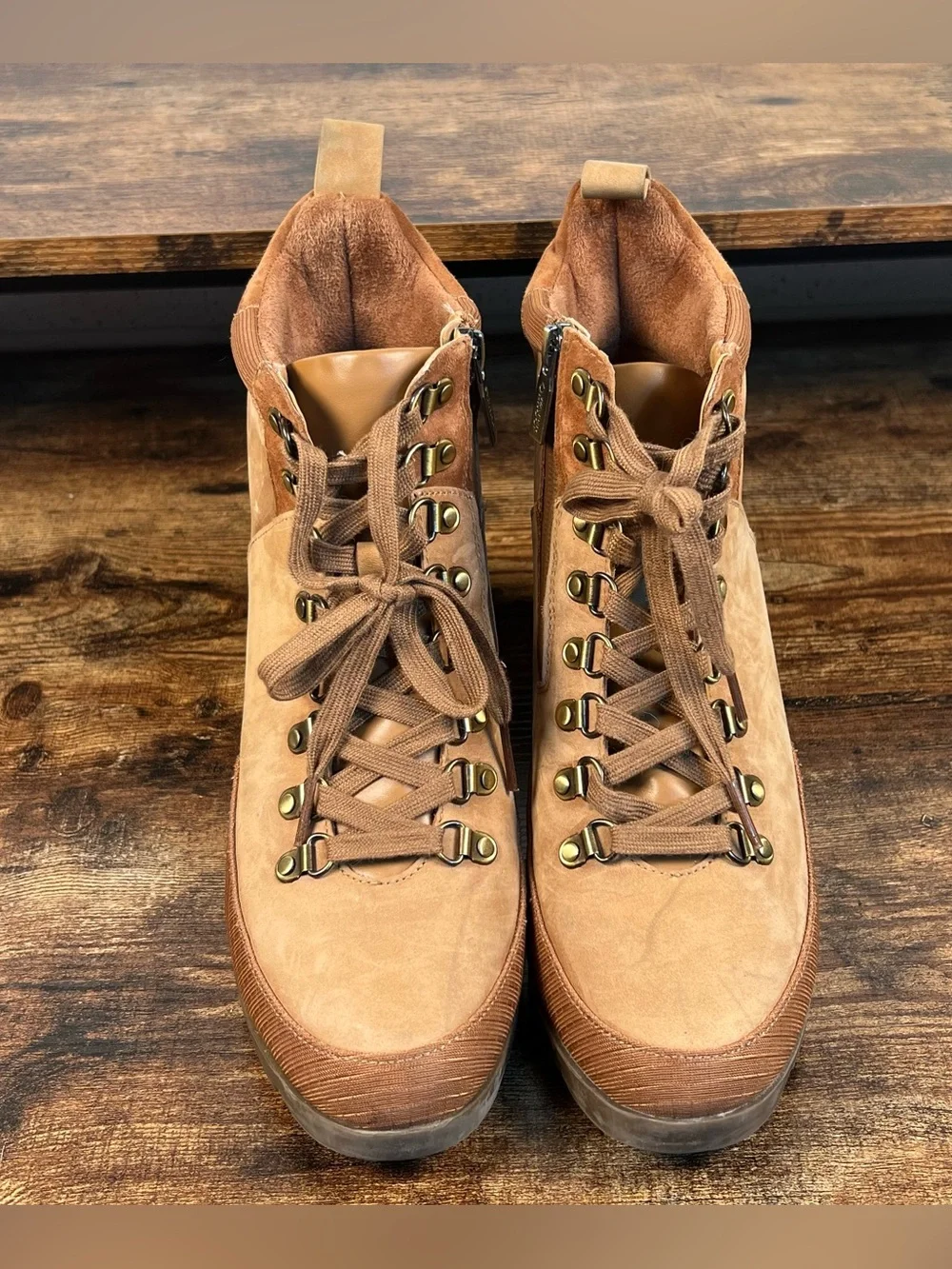 Vionic Spencer Boots Tan Chunky Waterproof Leather Hiker Combat Ankle Zip 8.5