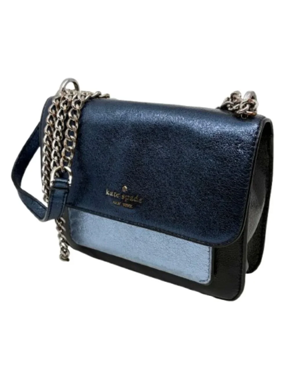 KATE SPADE~Remi Tricolor Metallic Leather Flap Chain Crossbody Bag~NAVY ICY BLUE