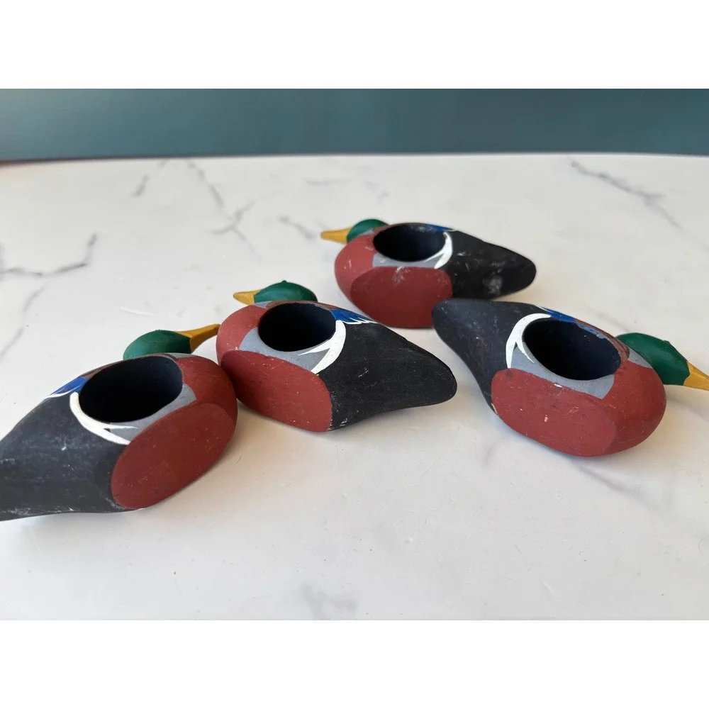 Vintage Hand Painted Wooden Mallard Duck Napkin Rings Set of 4 Philippines Made