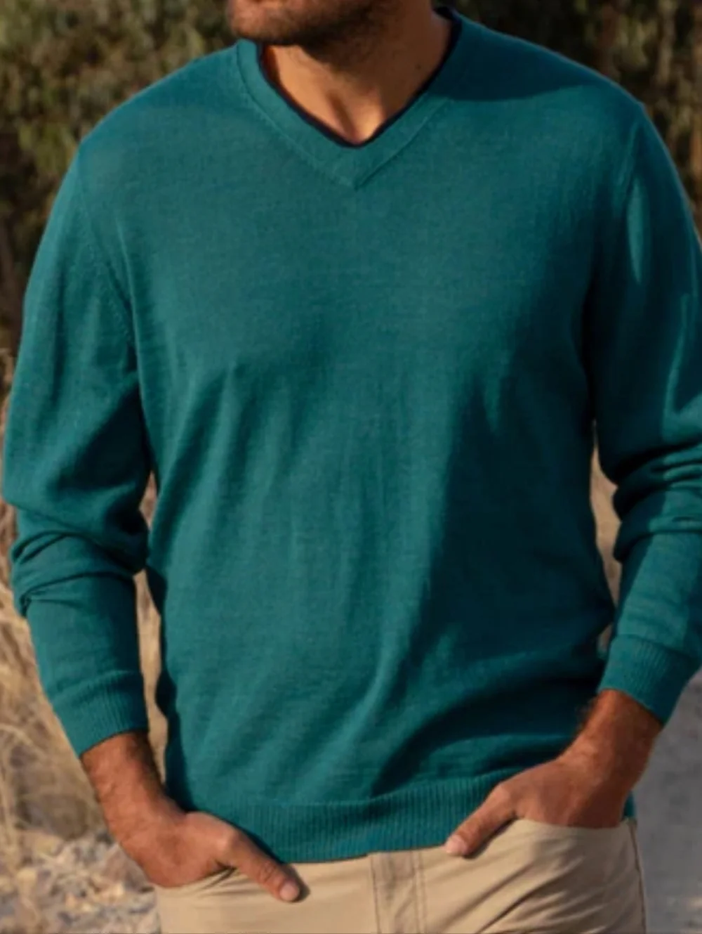 L.L. Bean Men's Teal V-Neck Cotton Cashmere Blend Pullover Sweater XL Tall