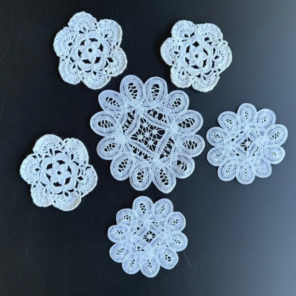 Vintage White Lace Doily Set Floral Crochet Battenburg Lace Coasters 6pc