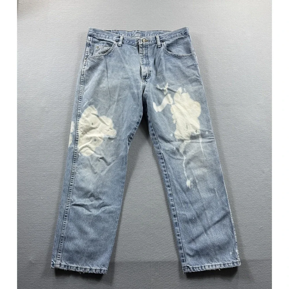 Wrangler Jeans Mens 36x29 (Fit 34x28)Light Wash Blue Straight Bleach Stain Denim