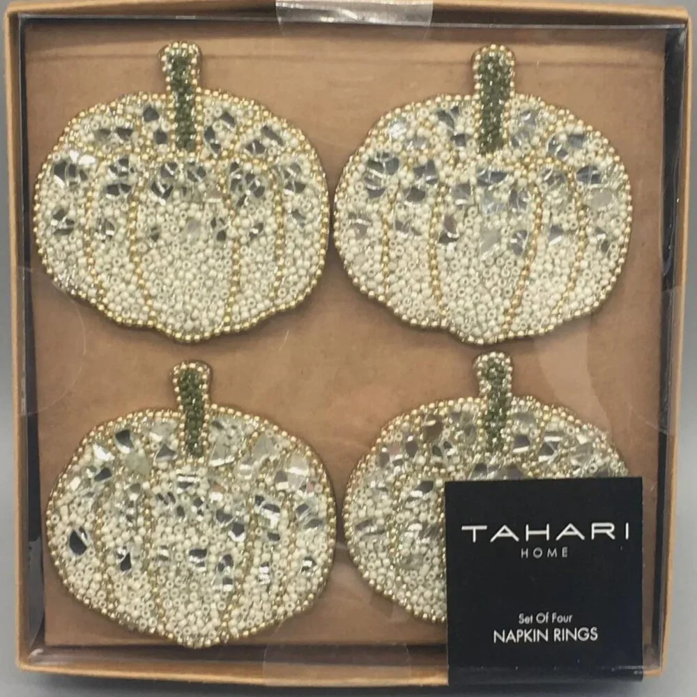 x4 Tahari Beaded Silver White Pumpkin Napkin Ring Set Glass Mosaic Fall Decor