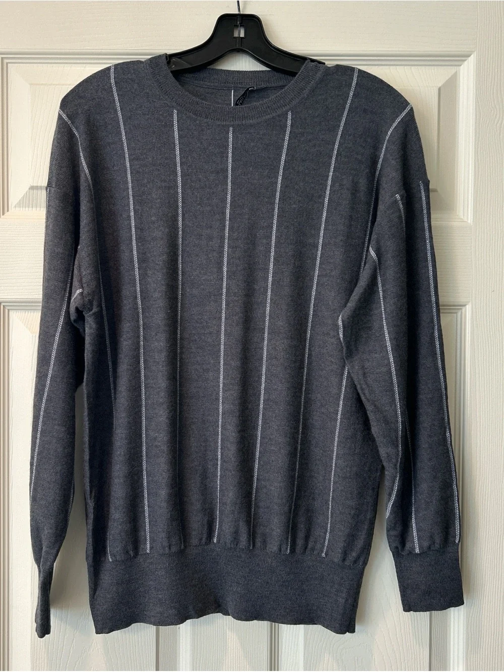 MM Lafleur Men's Charcoal Gray Crewneck with Light Pinstripes