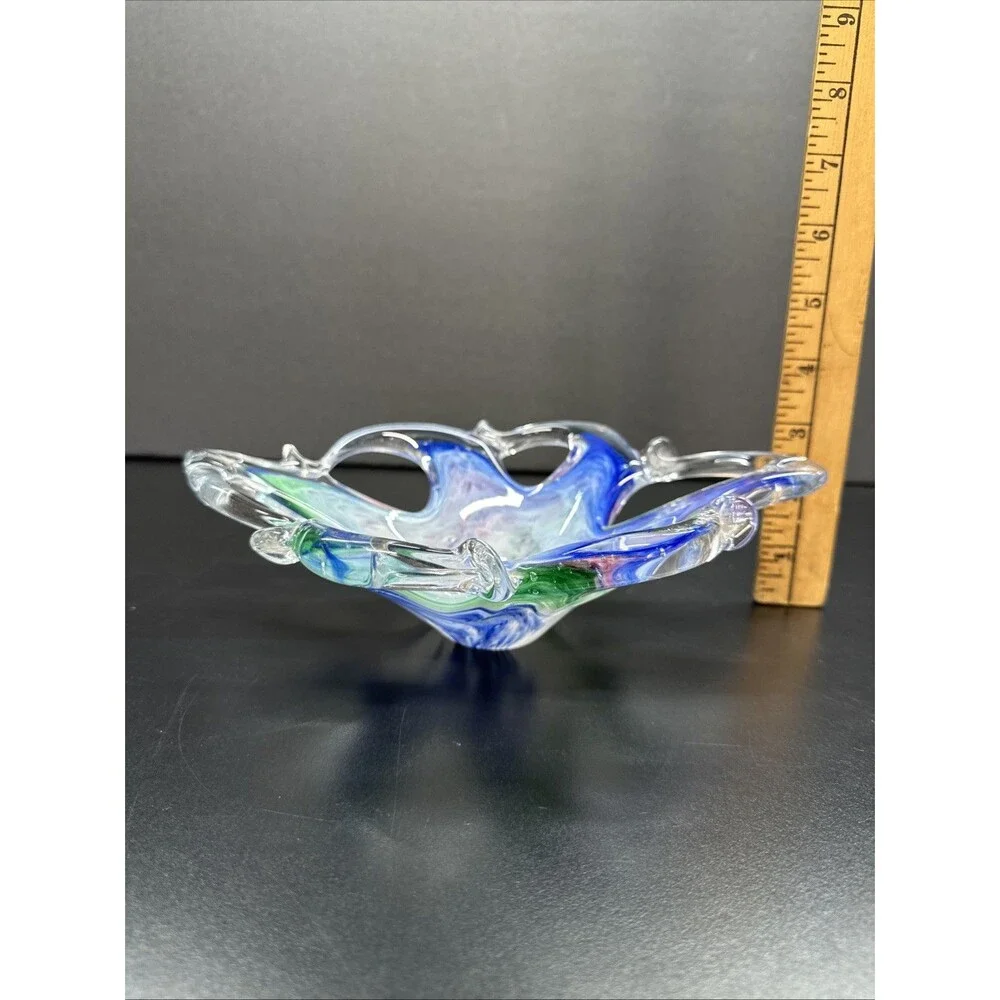 Art Glass Lace Edge Bowl Dish Sunburst Starfish Rainbow Swirl 8.5” Murano Style