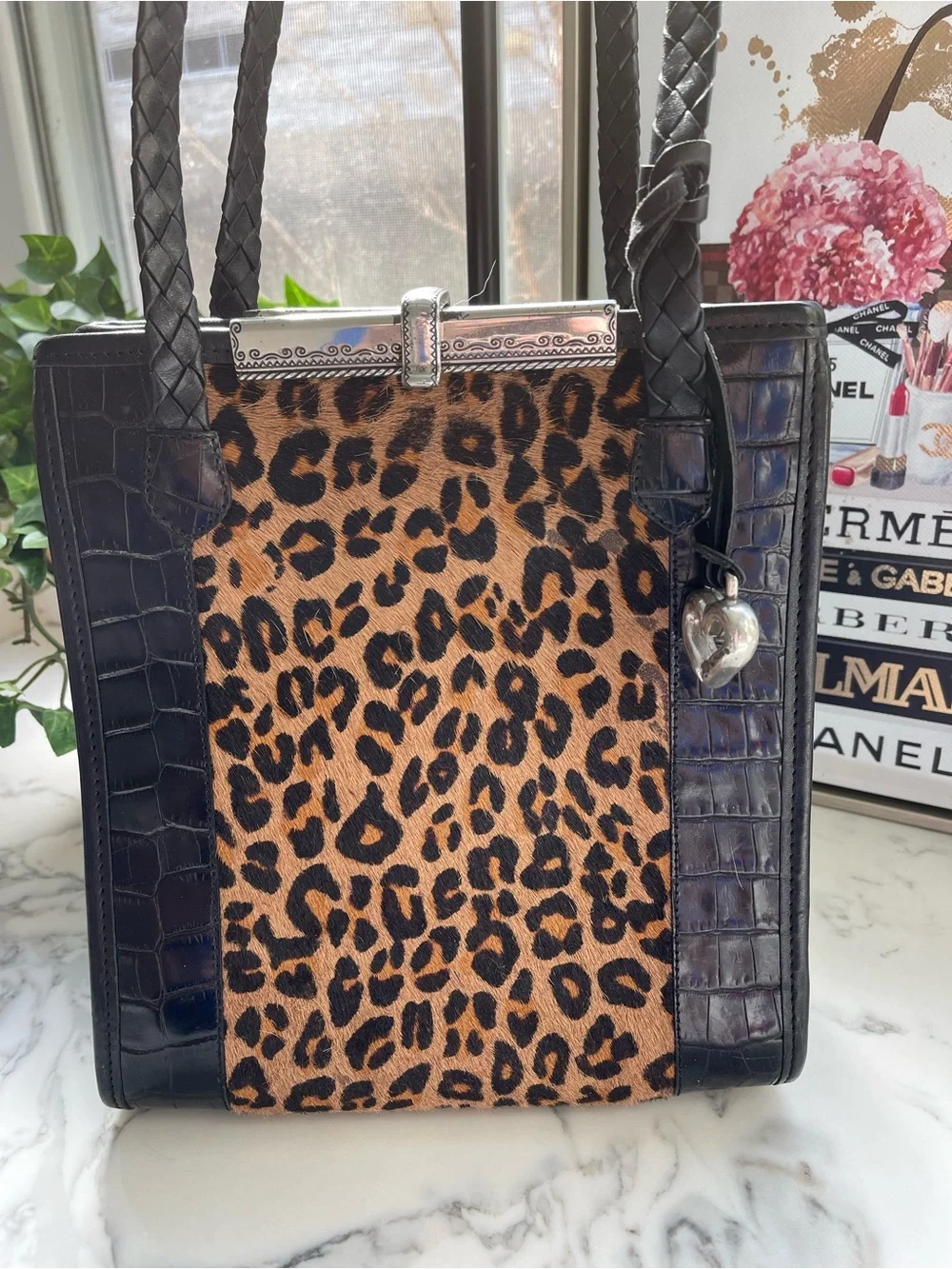 Brighton Vintage Leopard Print Tote with Black Croc-Texture Trim and Heart Charm