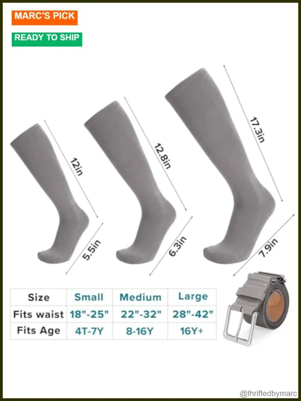 Youth Baseball Socks and Belt Combo Set - 2 Pairs Socks & 1 Belt - Adjustable,