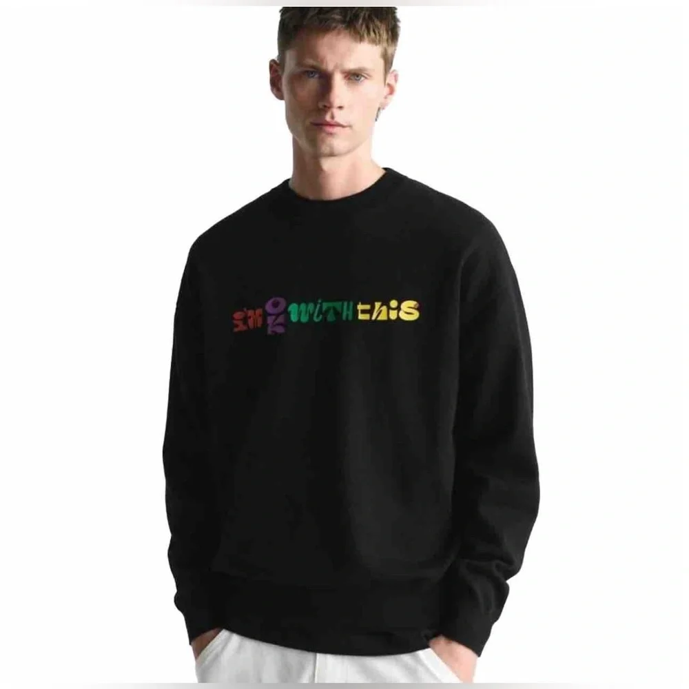 NWT ZARA “I’M OK‎ WITH THIS” Text Print Black Crew Pullover Sweater MEDIUM