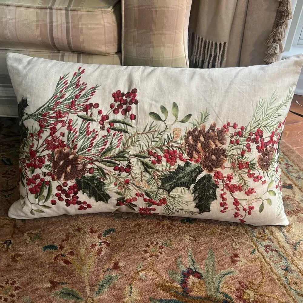 POTTERY BARN Holly Berry Embroidered Lumbar Pillow Complete Set, 16x26
