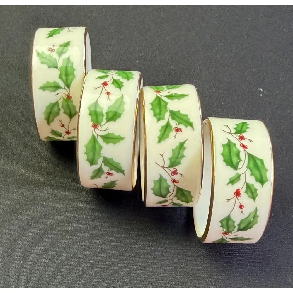 Lenox Holiday Napkin Rings Set of 4 Ivory Bone China Gold Trim Holly Vintage