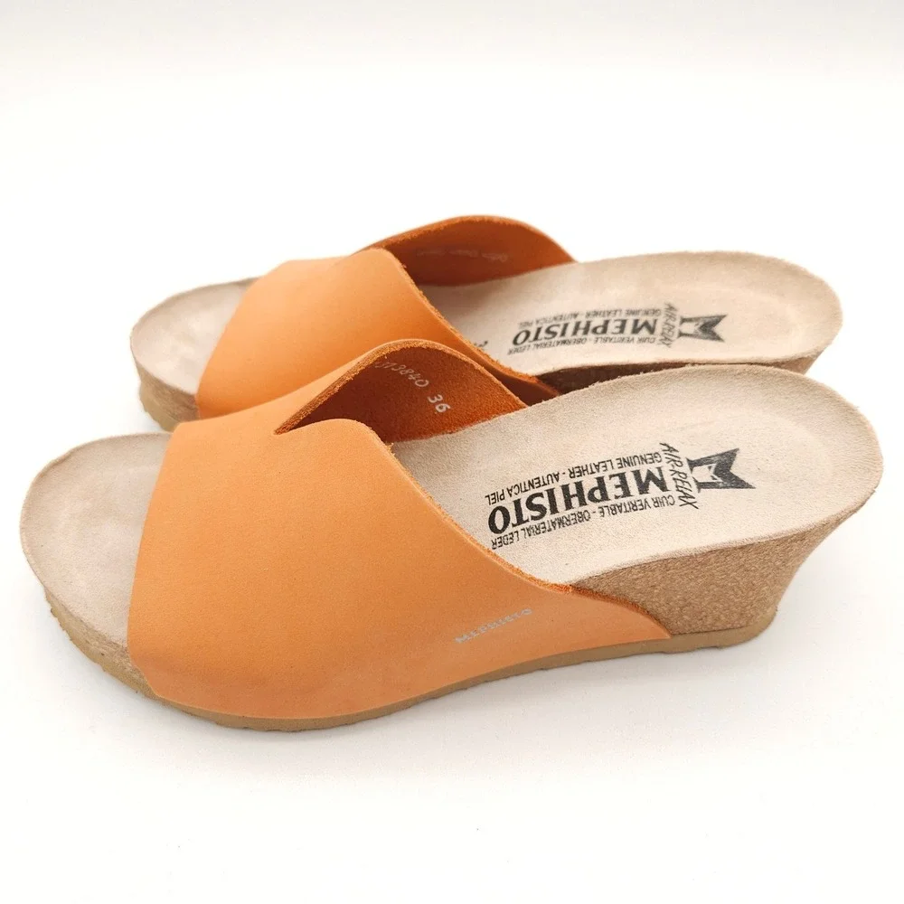 Mephisto Lisane (Women's EU 36 US 6) Orange Sandals Wedge Slide Leather Cork