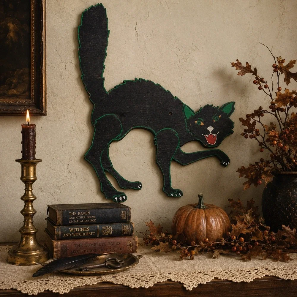 Vintage Black Halloween Cat Wall Hanging Folk Art Wood Decor 13