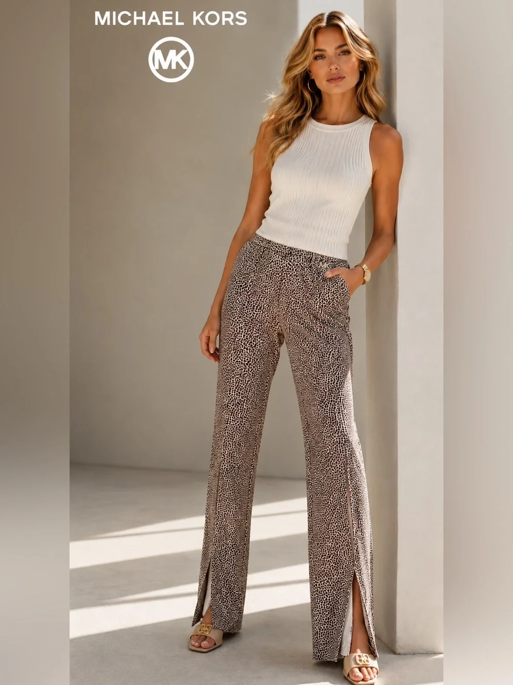 Michael Kors Black Taupe Leopard-Print Flare Pants ~ Size Medium
