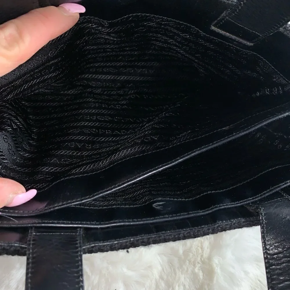 Authentic Prada Knit Leather Trim Satchel Black