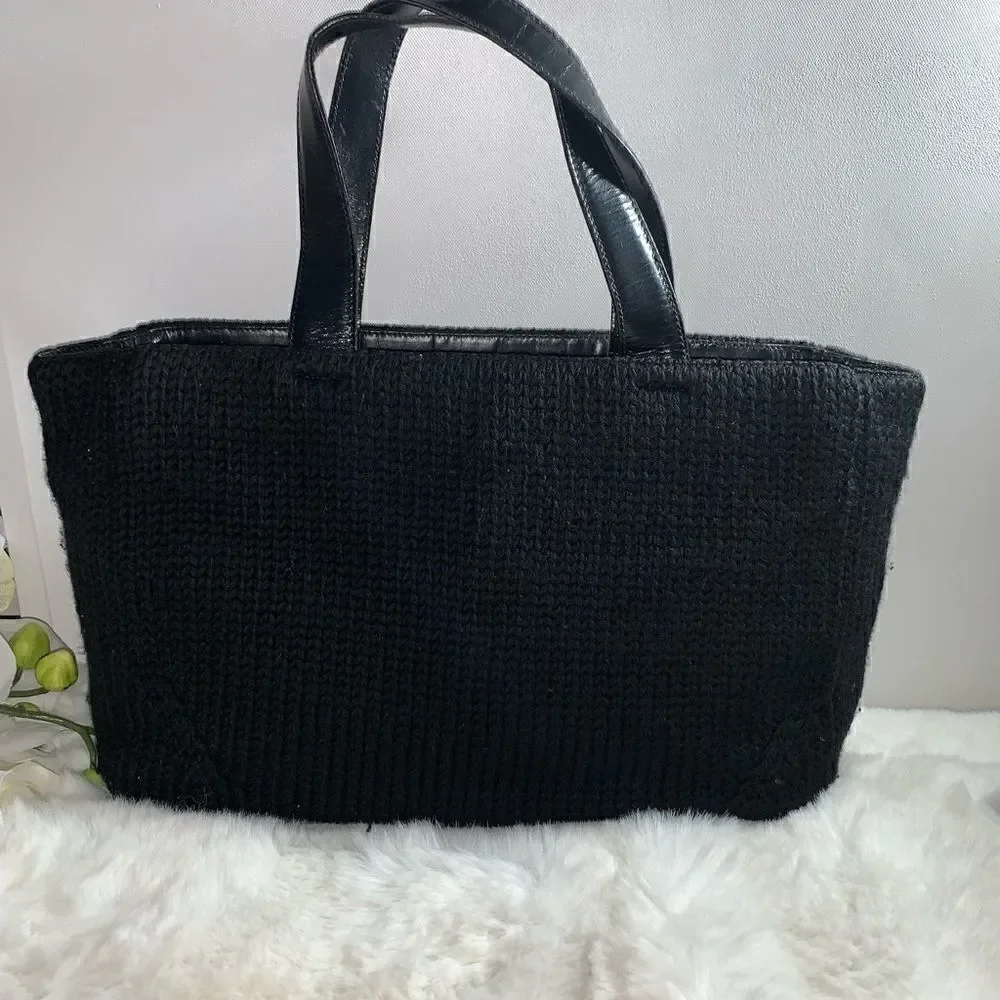 Authentic Prada Knit Leather Trim Satchel Black
