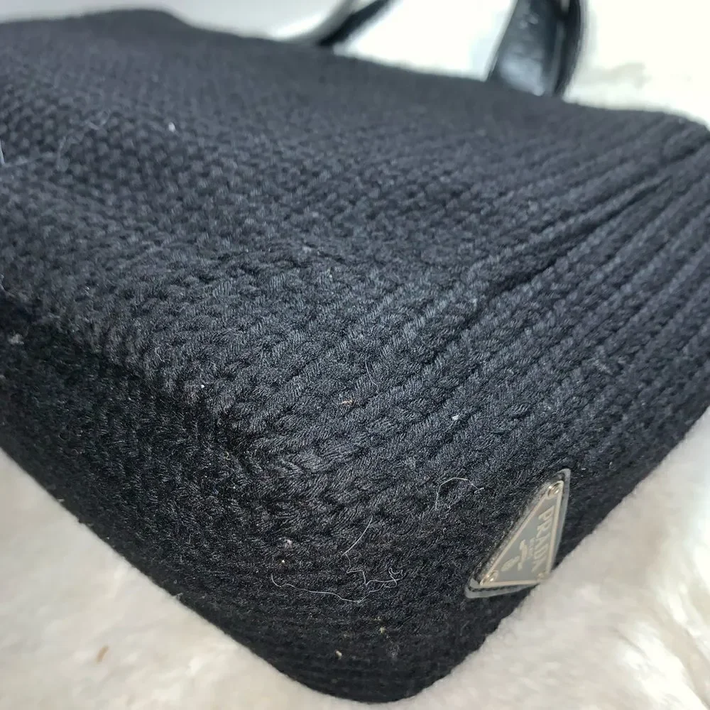 Authentic Prada Knit Leather Trim Satchel Black