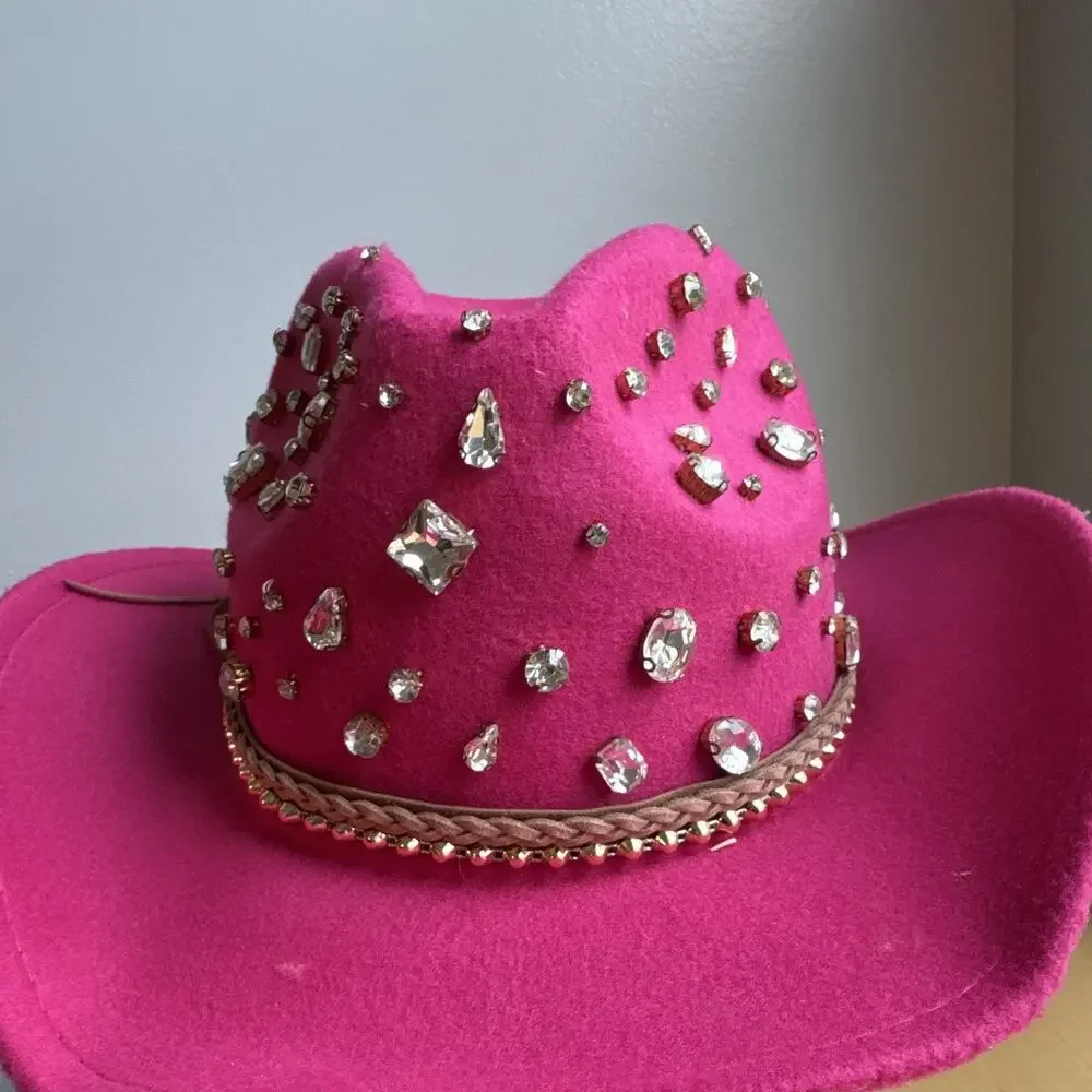 Pink Women's Cowboy Hat Rhinestone Accents Felt Polyester 57 cm Solid