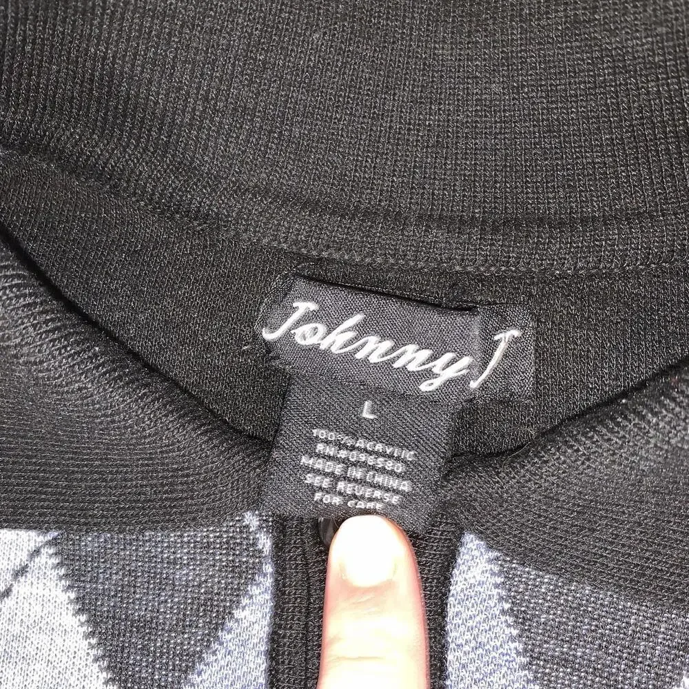 Johnny J Sweater‎ Mens Large Black Argyle Pullover Long Sleeve Collared Golf