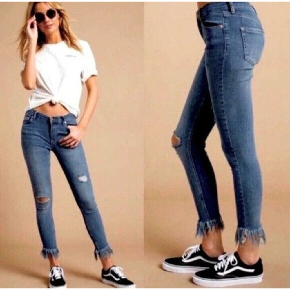 Free People Great Heights Fringe Frayed Hem Skinny Jeans Women's Size 27