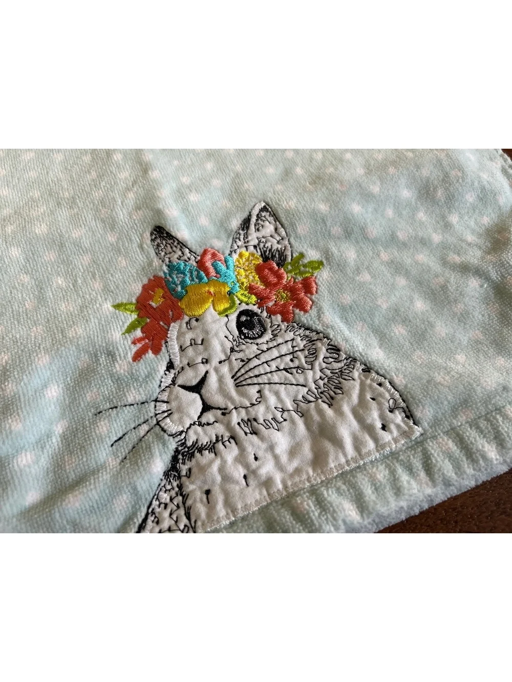 Light Blue Polka Dot Towel with Embroidered Rabbit and Floral Crown
