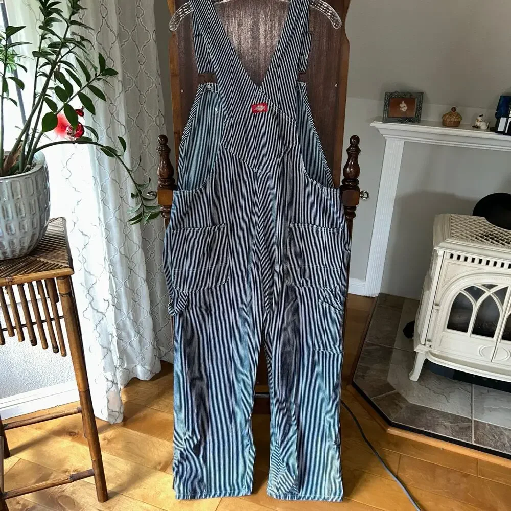 Y2K Men's DICKIES Railroad pin stripe Bib Overalls  38x30 white blue