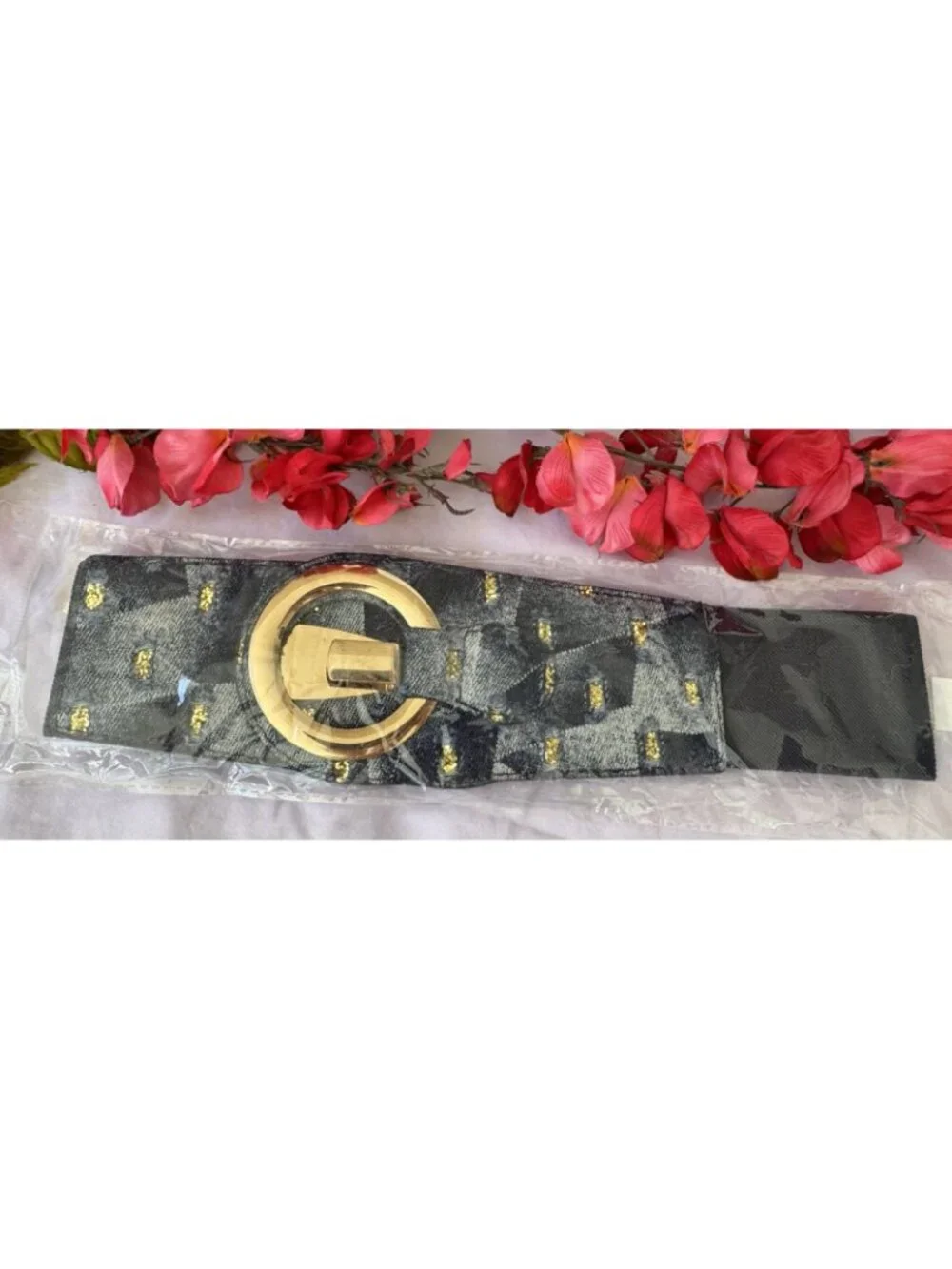 Women Blue Stretch Wide Faux Leather Wide Fabric Belt Gold Hook Buckle Size M