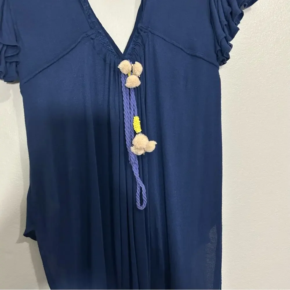 Free People Fiesta Nueva Tunic Top Embroidered Open-Back Blue Size Small