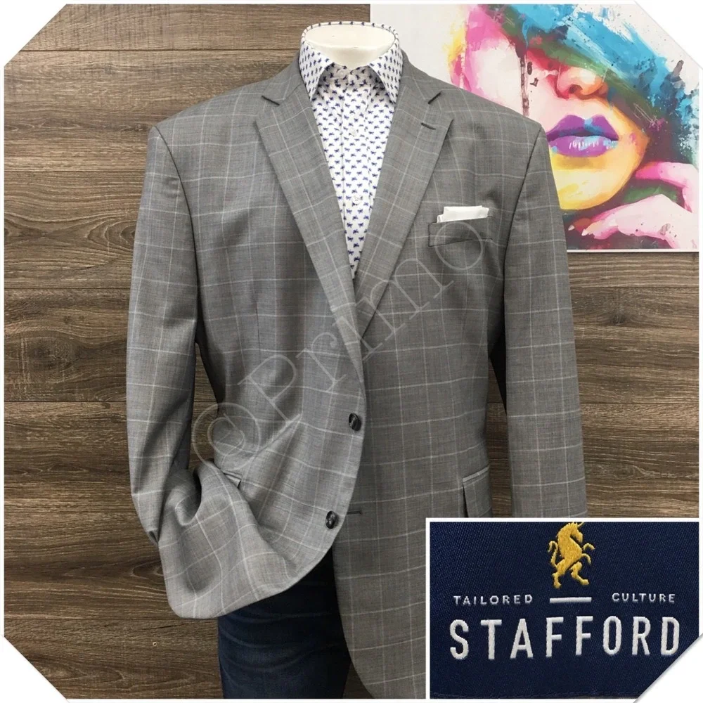 STAFFORD Men Wool Blazer Sport Coat Casual Jacket Size 52L Classic‎ Gray Suit