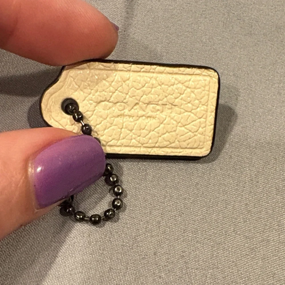 Coach Cream Leather Key Tag with Gunmetal Bead Chain