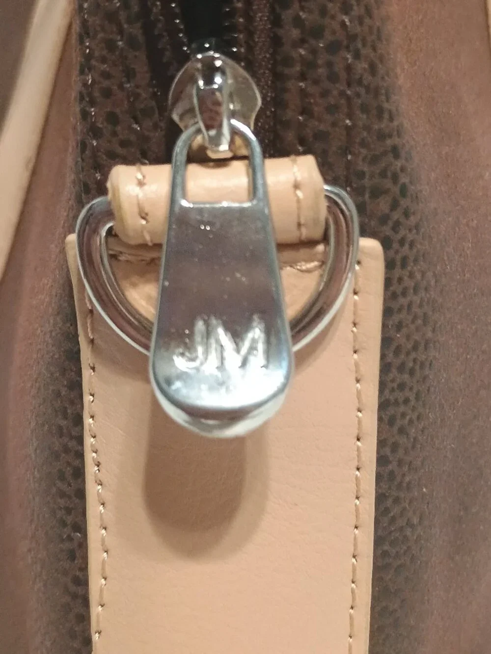 JM New York Brown Pebbled Faux Leather Large Dome Tote Shoulder Bag Beige Trim