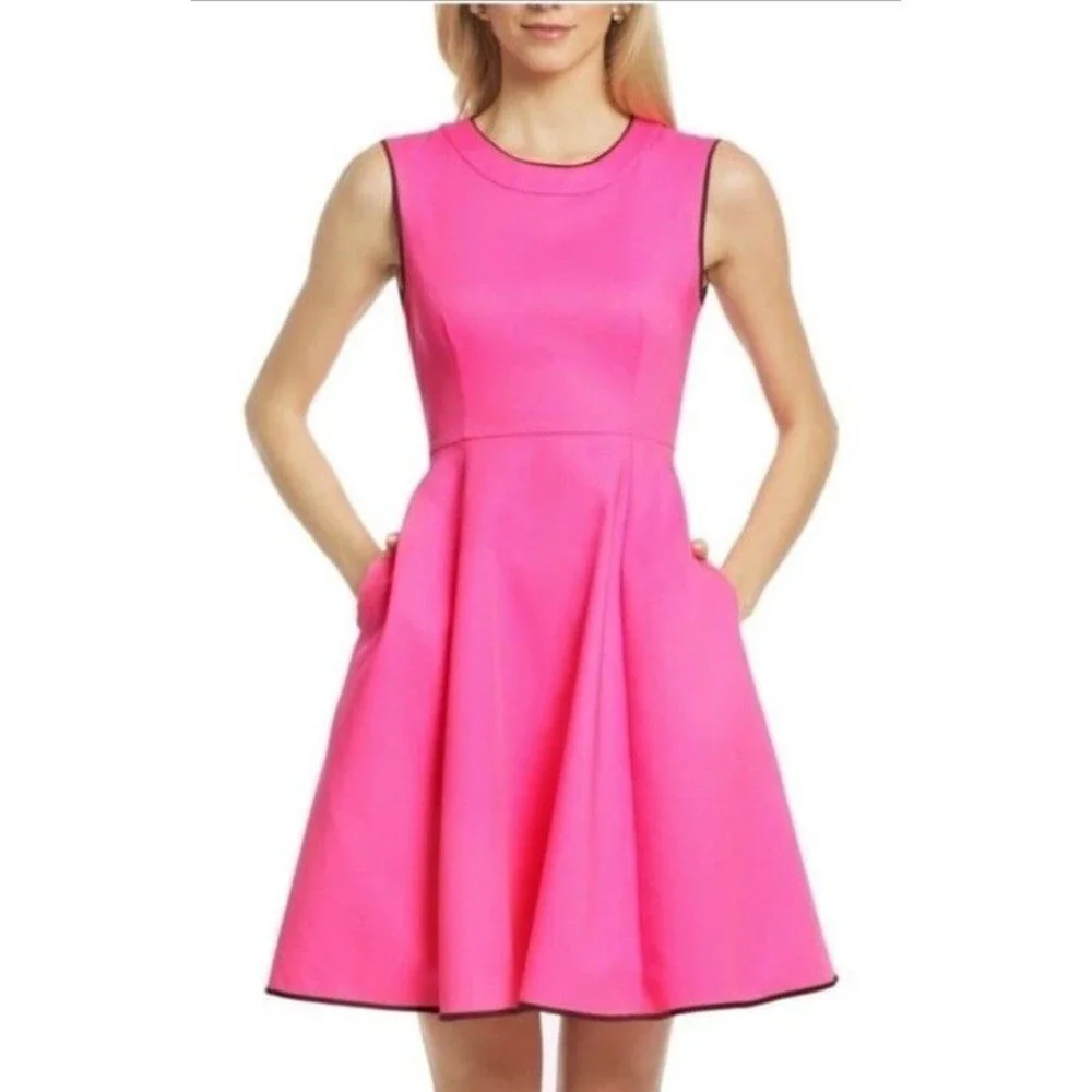Kate Spade Carol Fit Flare Dress Size 2 Hot Pink Sleeveless Pockets Piped Trim