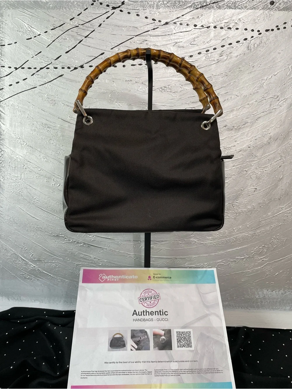 Gucci Dark Brown Handbag with Bamboo handles in nylon and patent leather