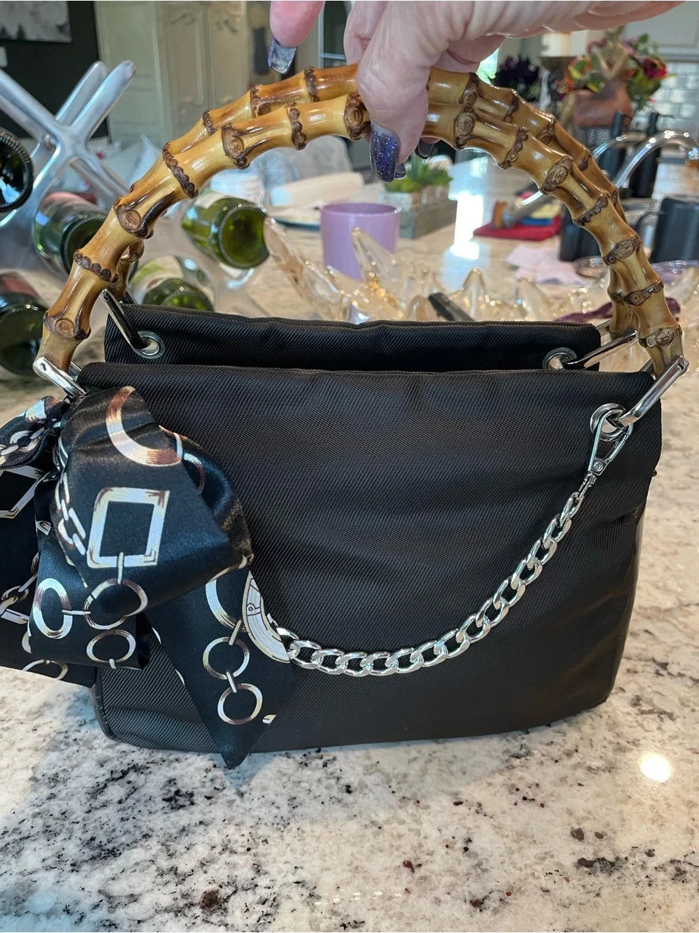 Gucci Dark Brown Handbag with Bamboo handles in nylon and patent leather