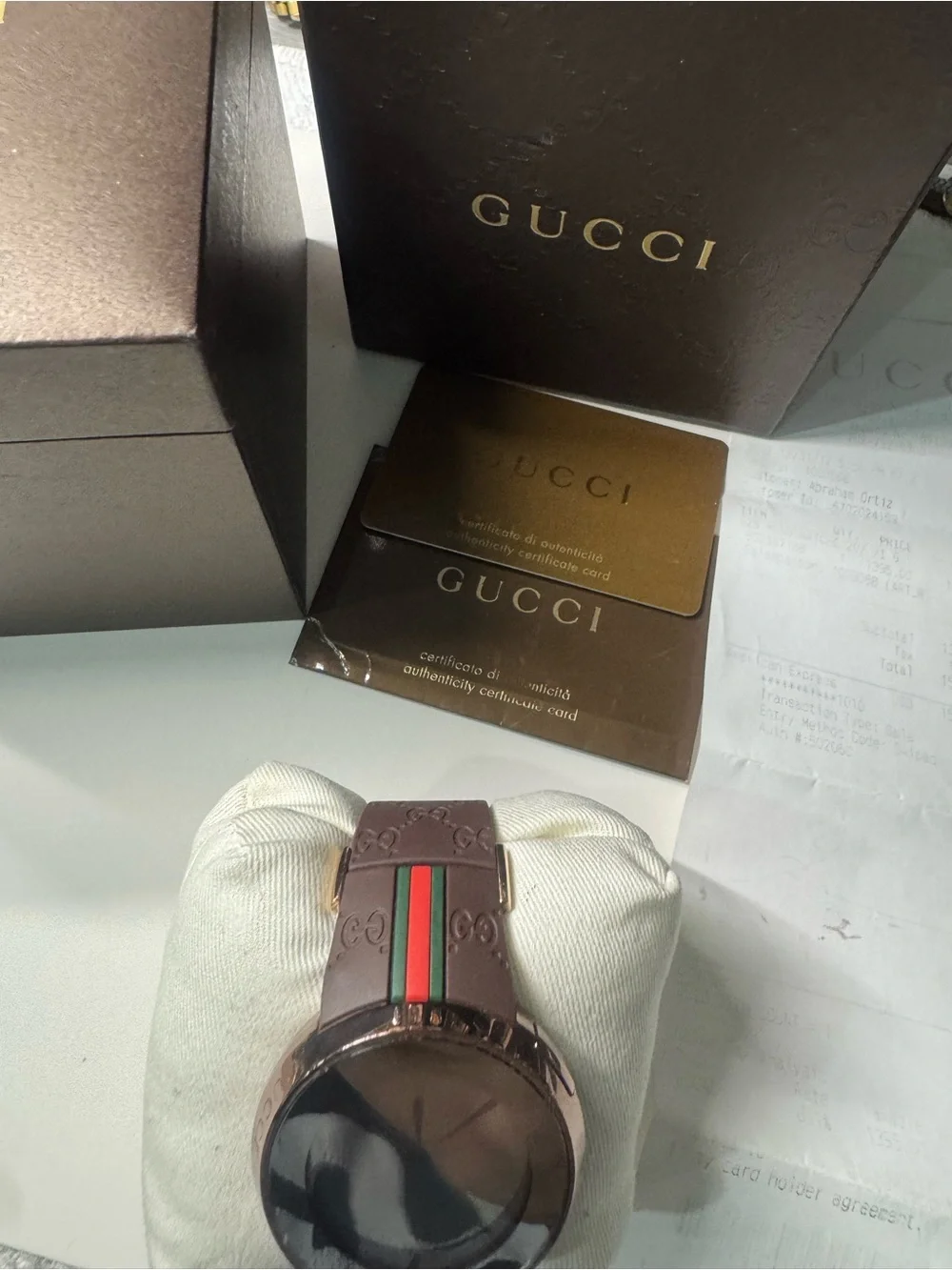 #145 Gucci Brown Watch with Green and Red Stripe