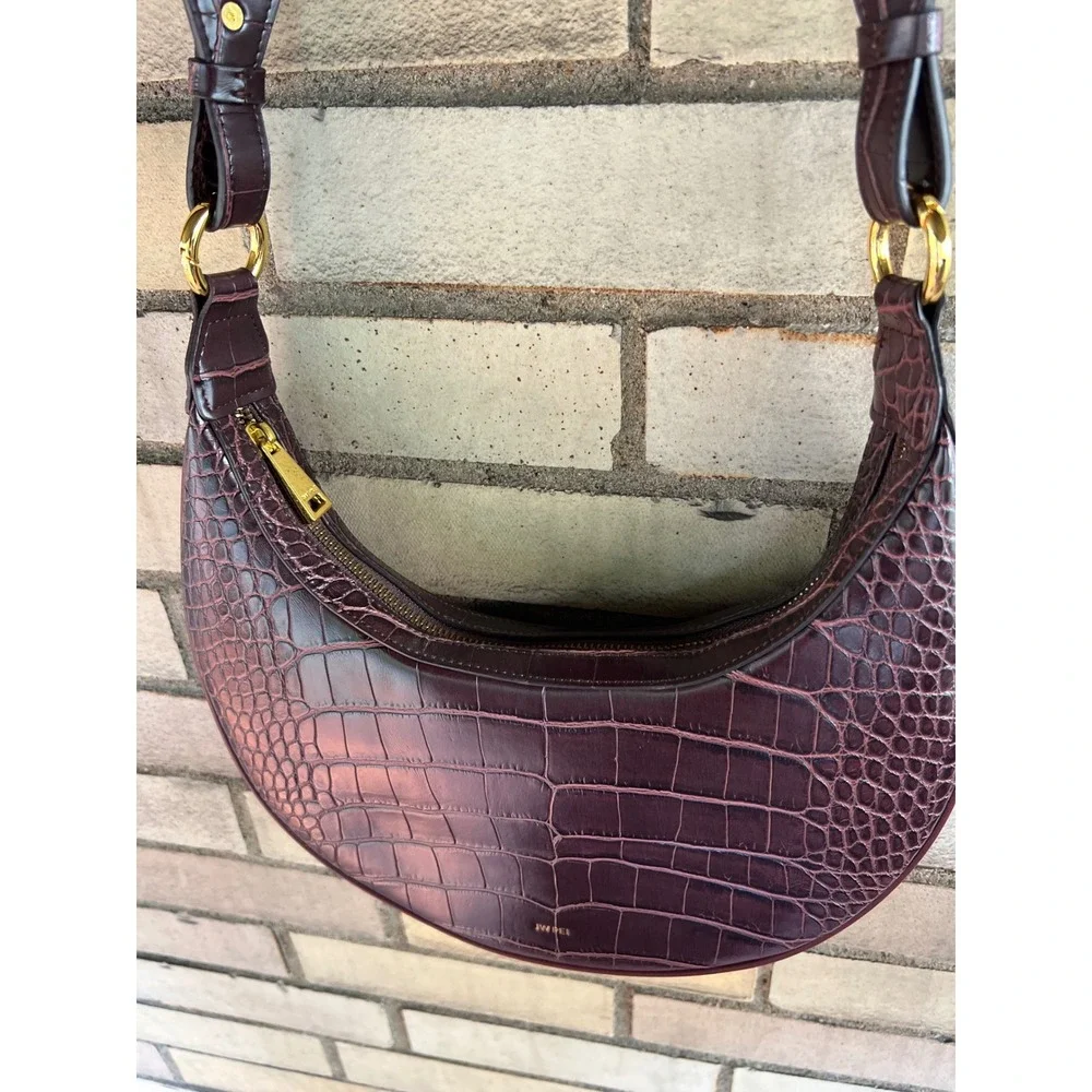 JW PEI Carly Saddle Bag Brown Croc Embossed Vegan Leather Shoulder Bag Purse