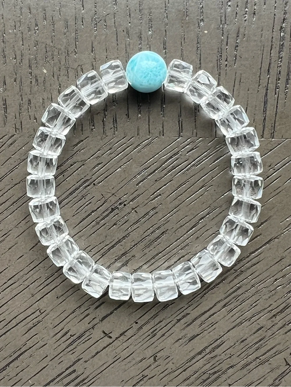 HQ Faceted Clear Quartz with Larimar bracelet 8-11mm SIZE 6.75’