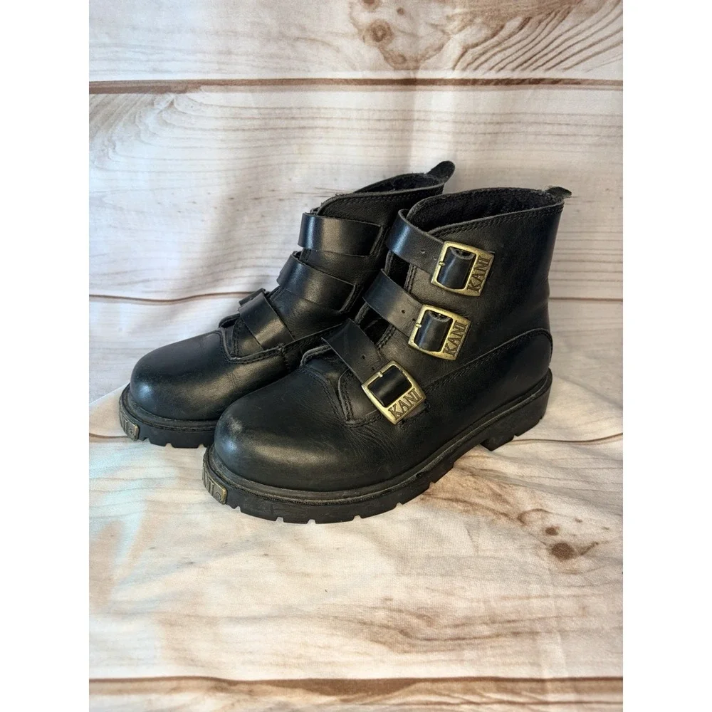 Karl Kani Vintage Leather Ankle Motorcycle Lugged‎ Biker Boots Black Men4 W 5.5
