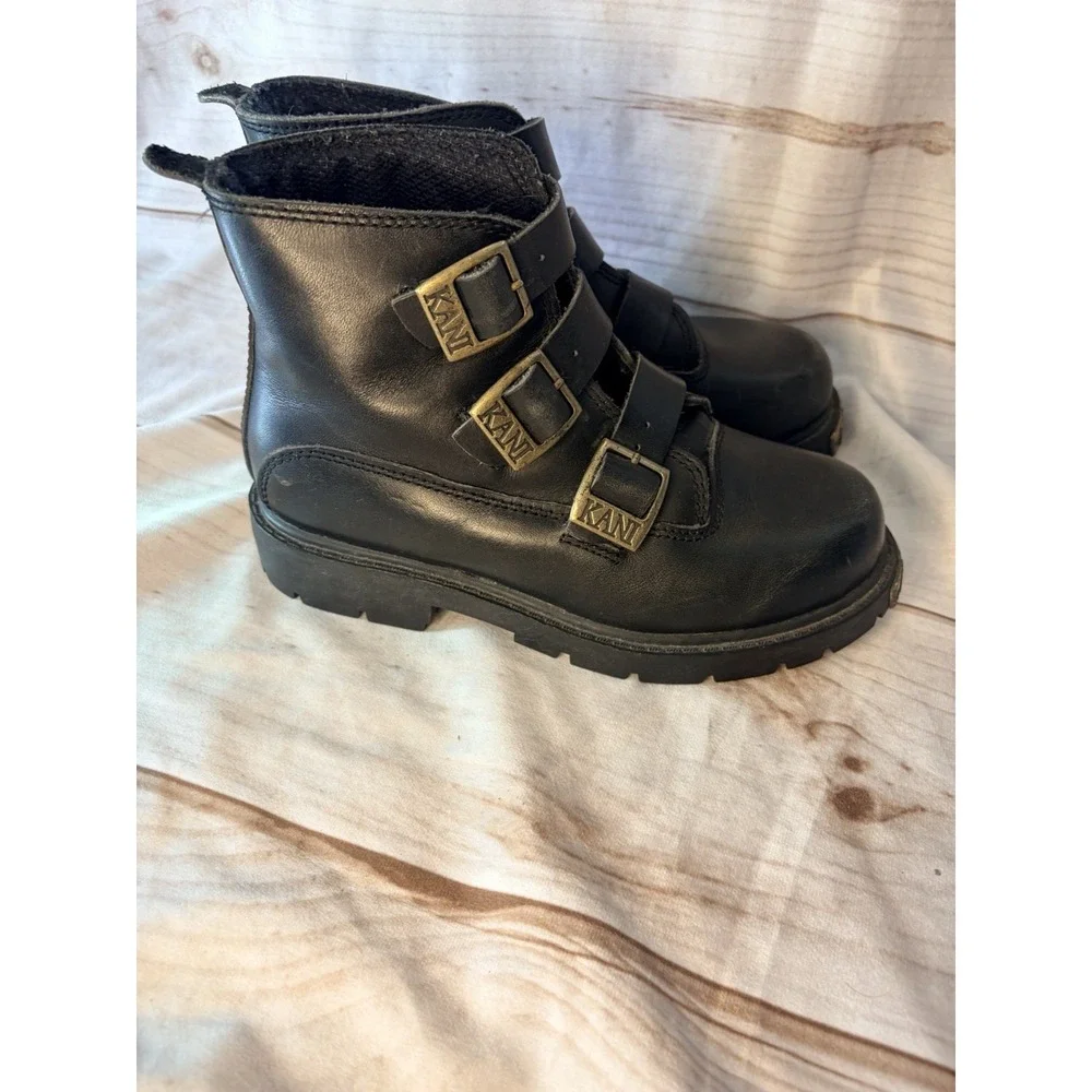 Karl Kani Vintage Leather Ankle Motorcycle Lugged‎ Biker Boots Black Men4 W 5.5