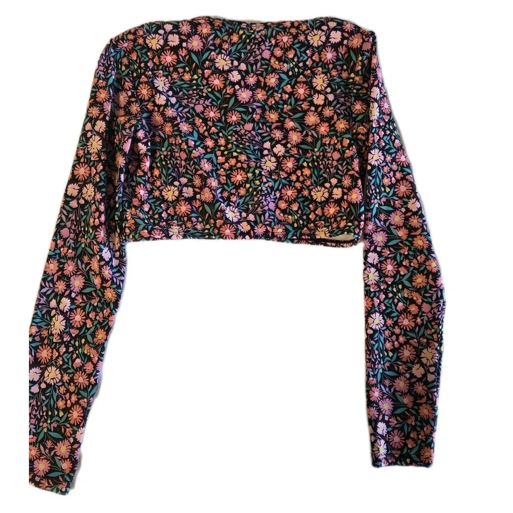 Girl's XL 14 Swim Top Rashguard Crop Floral Ditsy Zipper Long Sleeve Black Pink