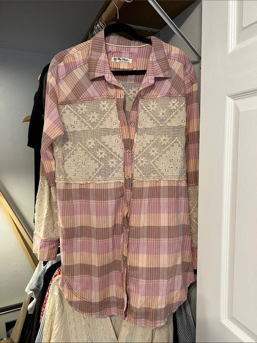 Free People Pink and Beige Plaid Button-Down with Crochet Panels - Never worn