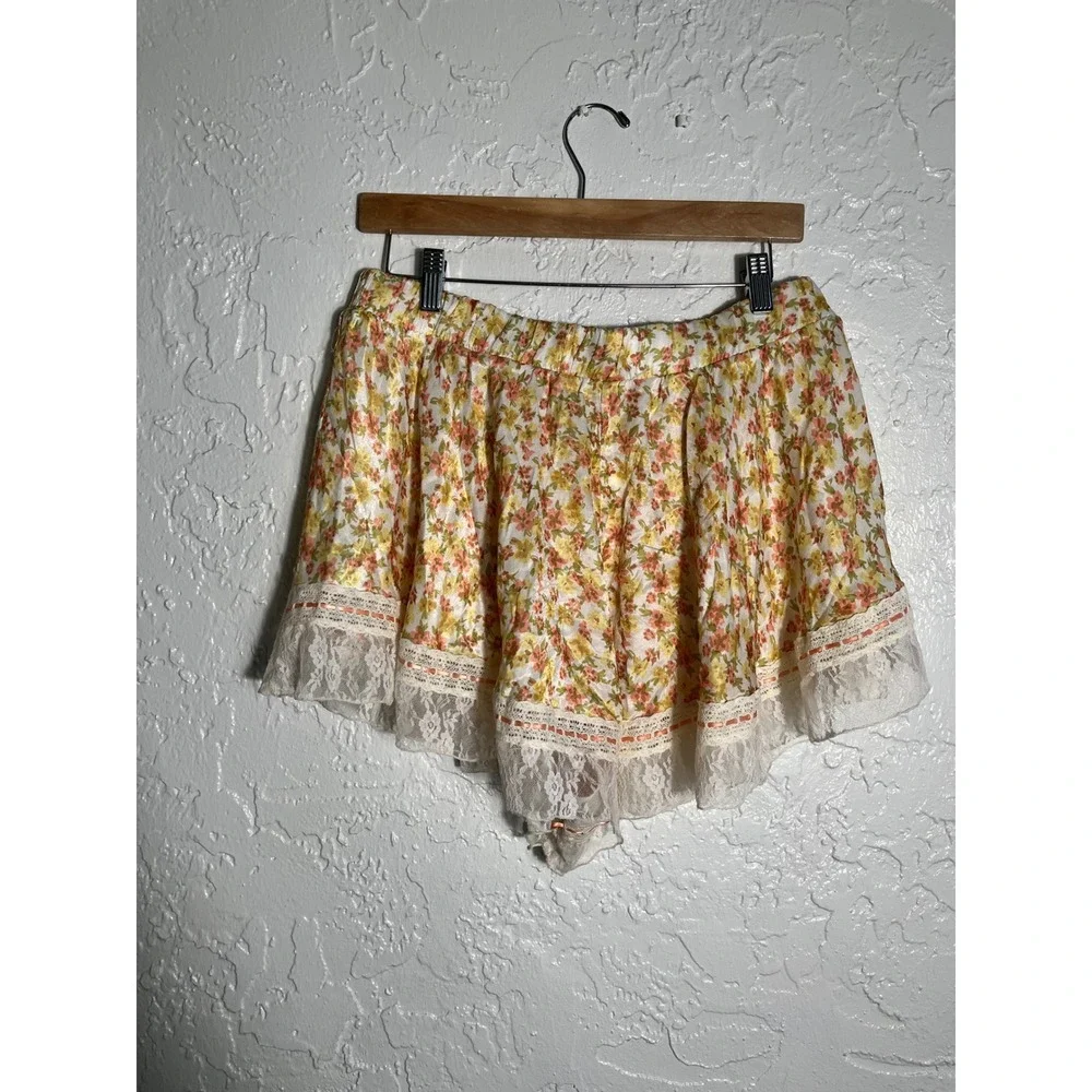 Intimately Free People Floral Lace Trim Lounge Shorts Yellow Orange Large