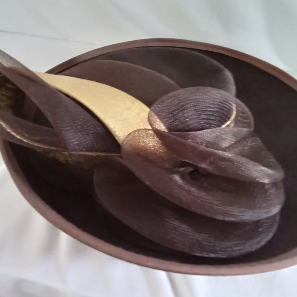 Bollman Bellini New York Brown Wool Felt Wide Brim Hat Gold Mesh Flower Vintage