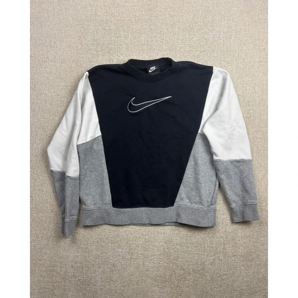 Nike Mens Colorblock Swoosh Logo Crewneck Sweatshirt Black White Grey Small