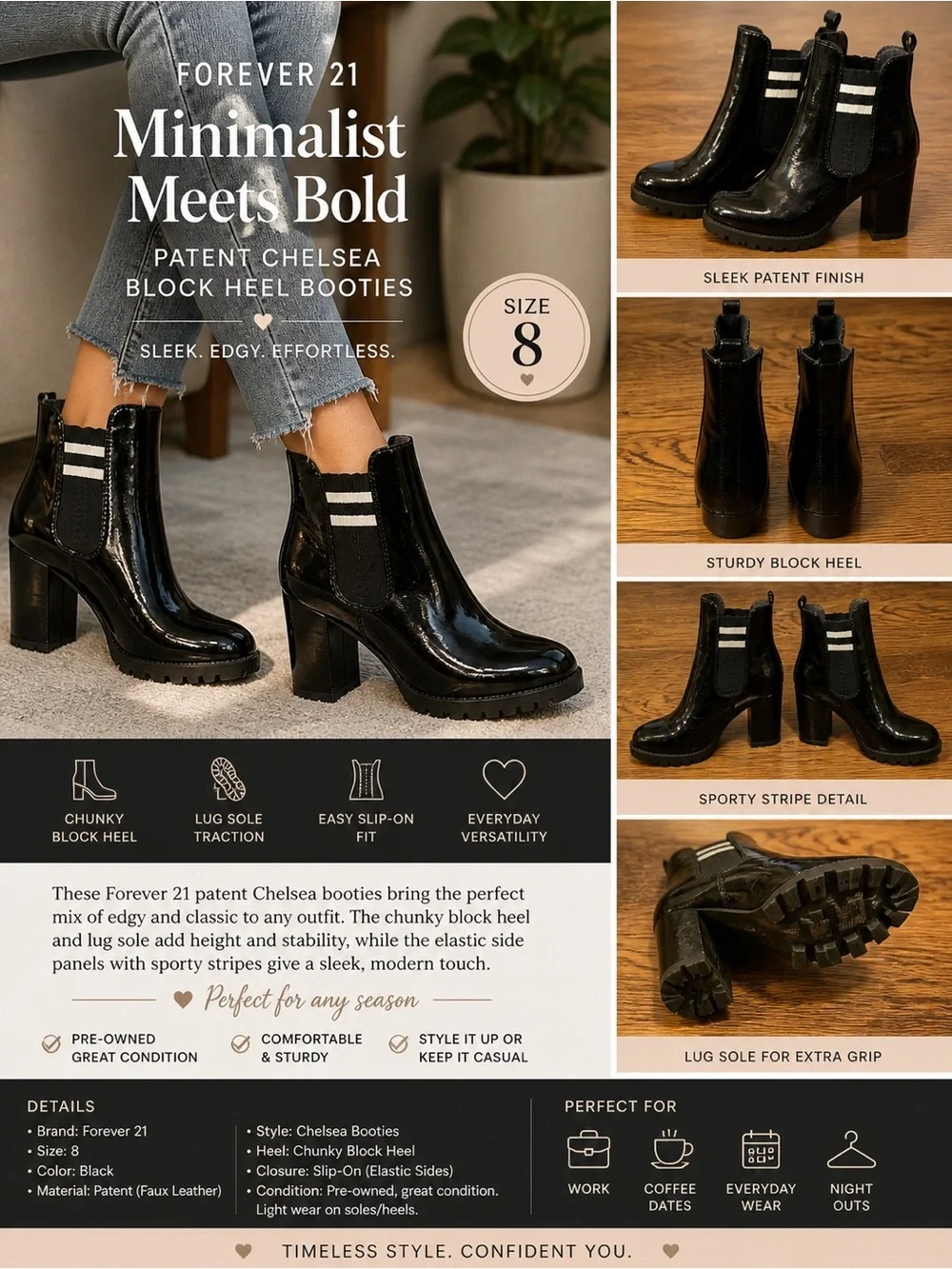 Forever 21 Black Patent Chelsea Booties Size 8 Chunky Block Heel Lug Sole