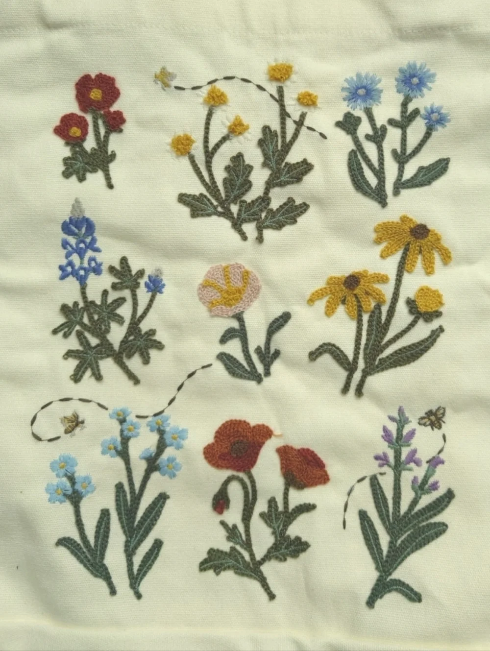 Canvas Embroidered  Wildflower Floral Tote Bag Cream New