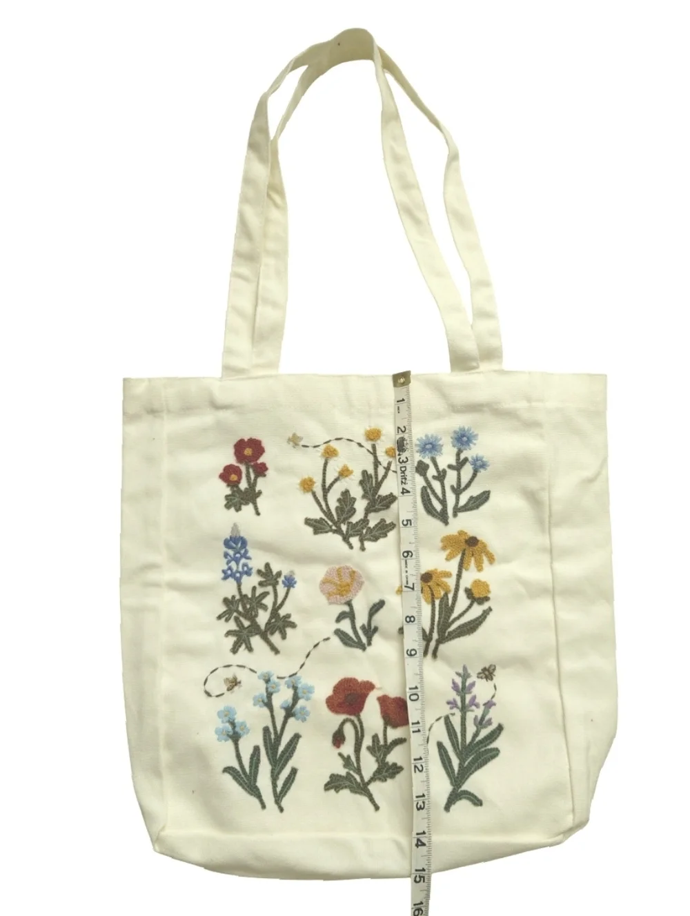 Canvas Embroidered  Wildflower Floral Tote Bag Cream New