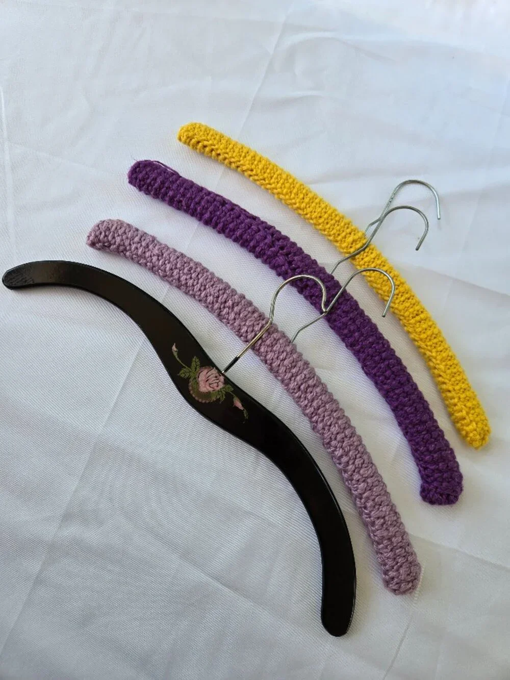 4 Vintage Clothes Hangers crochet covered & painted